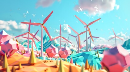 Cheerful and colorful depiction of wind turbines in 3D  AI generated illustration