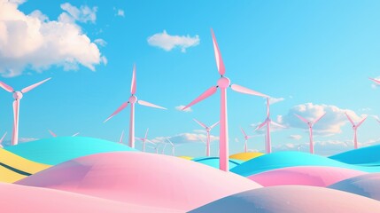 Cheerful and colorful depiction of wind turbines in 3D  AI generated illustration