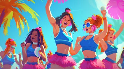 Obraz na płótnie Canvas Cheerleaders cheering on a team in a vibrant cartoonish world AI generated illustration