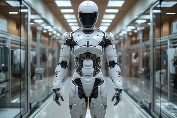 A robot in a helmet stands in a hallway of the building