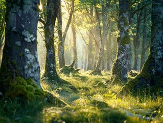 Beautiful mystical forest with strong atmospheric backlight sunset. god-rays