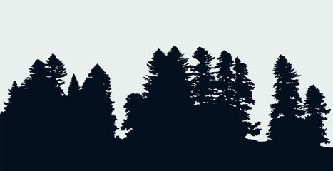 Panoramic black evergreen forest silhouette
