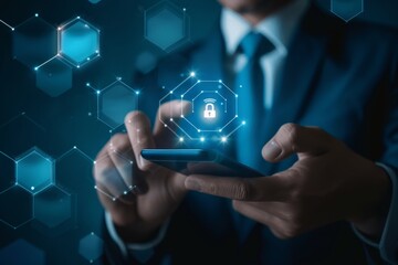 A businessman holding his smartphone and pointing at the digital security icon on it, symbolizing technology as an agent of innovation in business such like phone system for security Generative AI