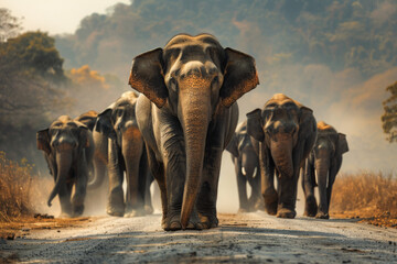 Group of wildlife asian elephant walking on country road. Thailand landscape. Blurred background
