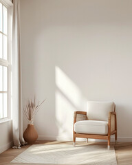 Minimalist living room setting, emphasizing simplicity and elegance with a simple chair next to a single plant.