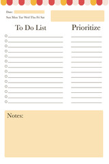 to-do list, vector, with date, days of the week, places to write and highlight important to-dos, lines to mark, a place to mark completed, prioritized cases
