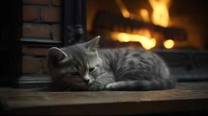 The cat sleeps next to the fireplace mantel - obrazy, fototapety, plakaty