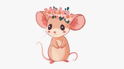   A mouse wearing a flower crown, seated on hind legs against a white backdrop