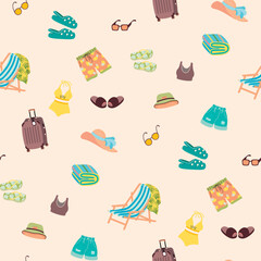 Summer seamless pattern with  clothes for  holiday by the sea.Suitcase, shorts, flip flops, swimsuit, hat.Colorful background or texture for printing on fabric and paper.Vector flat illustration.
