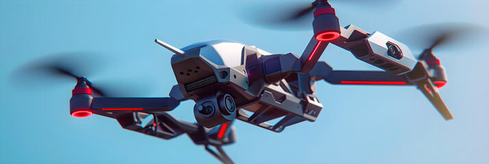 Futuristic RC Drone in Flight Against a Serene Blue Sky Capturing Aerial Imagery