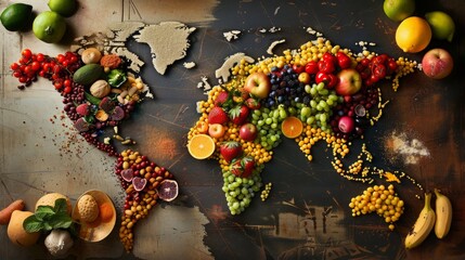 World Map Created With Fruits and Vegetables - obrazy, fototapety, plakaty