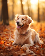 photo of a golden retriever dog against a background of autumn leaves сreated with Generative Ai