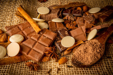 Variety of chocolate, light and dark with white chocolate and spices