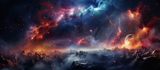 An artistic view of a vibrant galaxy overlooking mountains under a cloudy sky