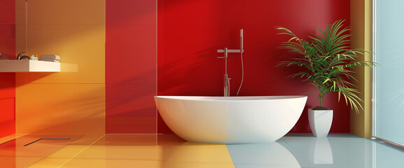 A sleek, modern bathroom with a splash of bold color against a backdrop of clean lines and minimalist design, offering plenty of copy space for relaxation.