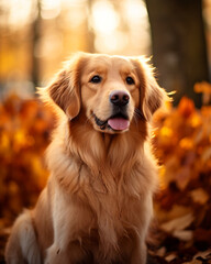 photo of a golden retriever dog against a background of autumn leaves сreated with Generative Ai