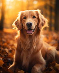 photo of a golden retriever dog against a background of autumn leaves сreated with Generative Ai