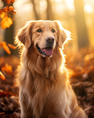 Obraz premium photo of a golden retriever dog against a background of autumn leaves сreated with Generative Ai
