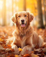 photo of a golden retriever dog against a background of autumn leaves сreated with Generative Ai