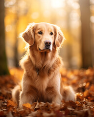 photo of a golden retriever dog against a background of autumn leaves сreated with Generative Ai