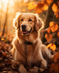 photo of a golden retriever dog against a background of autumn leaves сreated with Generative Ai