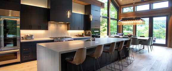 A sleek kitchen with matte black cabinets and a quartz waterfall island, lit by pendant lights.
