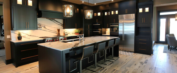 A sleek kitchen with matte black cabinets and a quartz waterfall island, lit by pendant lights.
