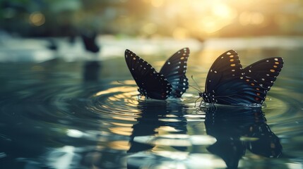   A few butterflies hover above a body of water, with the sun casting a warm backdrop - obrazy, fototapety, plakaty