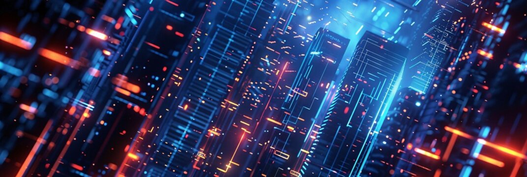 Futuristic abstract wallpaper with glowing neon lights and geometric shapes, resembling a digital cityscape