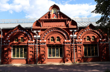 Klin, Moscow, Russia - 07.30.2023: Shopping arcades in Klin view from the park