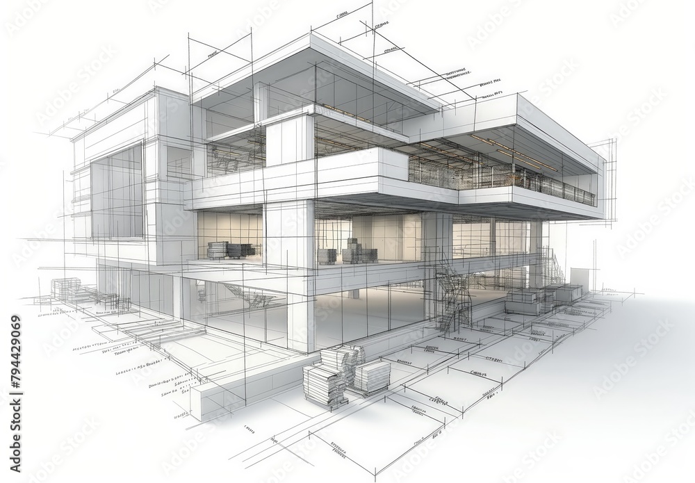 Aufkleber industrial building wireframe rendering with architectural and construction details