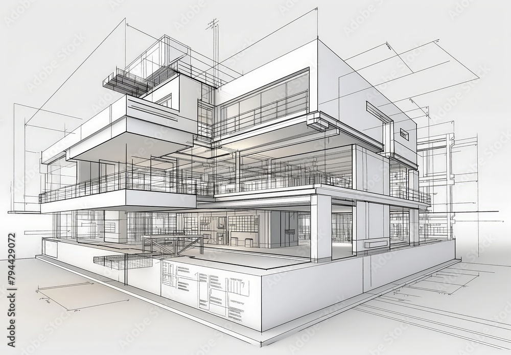 Poster Industrial building wireframe rendering with architectural and construction details