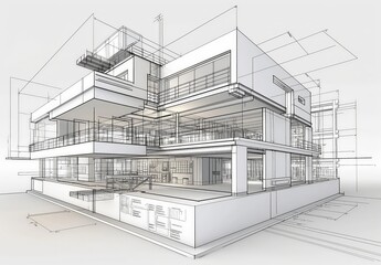 Industrial building wireframe rendering with architectural and construction details