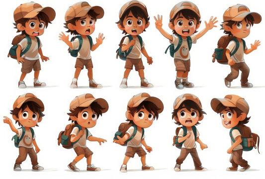 Illustration of a young boy with a backpack and a baseball cap in multiple poses