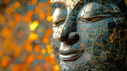 Ancient Buddha face with gold leaf detailing. Textured Buddhist statue close-up. Concept of...