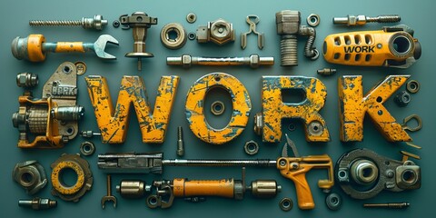 The word work written with tools in an industrial style