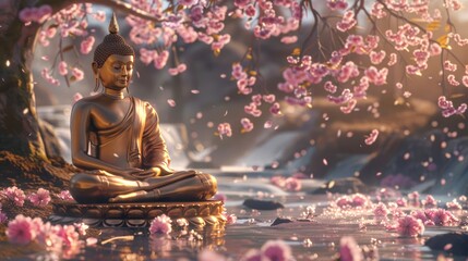 Golden Buddha statue in lotus position in a natural setting. Buddhist sculpture in serene landscape. Concept of Buddhism, Zen, meditation, religion, peace, spiritual awakening. Copy space