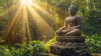 Buddha statue meditating in lotus position in a natural setting. Buddhist sculpture in serene landscape. Concept of Zen, meditation, peace, spiritual awakening. Copy space