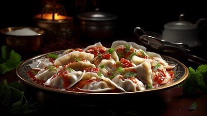 Traditional Ukrainian Vareniki on an ornate dish, garnished with herbs. Soft dumplings with a...
