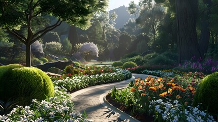 a realistic 8K depiction of a botanical garden in full bloom, with neatly manicured flower beds, towering trees, and winding pathways inviting visitors to explore and immerse themselves 