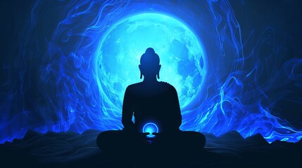 Silhouette of Buddha in lotus position against blue glow. Buddhist meditation icon. Concept of inner peace, Zen practice, religious art, spiritual enlightenment, meditative practice