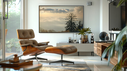 A harmonious blend of modern elements and artistry, showcased through a poster frame in a living room.