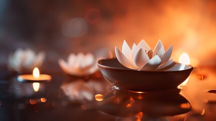 Serene lotus flowers accompanied by candlelight on water. Calm water lilies with glowing candles...