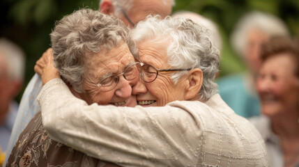 Two older women are embracing each other affectionately in a warm hug, showing a strong bond of friendship and care