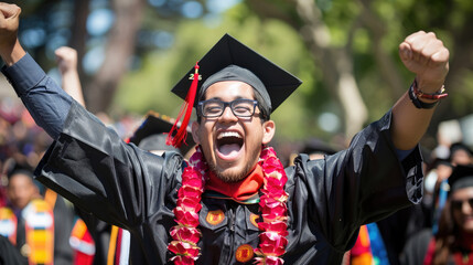 A man wearing a graduation cap and gown is joyfully celebrating his academic achievement