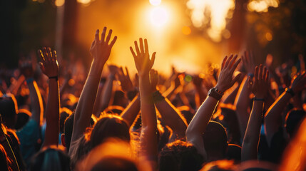 A large group of individuals gathered together, lifting their hands simultaneously in the air