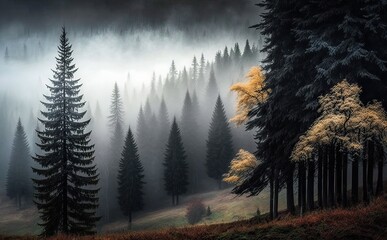 Autumn forest fog