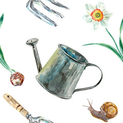 Gardening tools, seamless pattern. Watering can, snail, flowers. Hand drawn watercolor vector illustration for cards, invitations, wrapping paper, textile, fabric, covers. © Farida