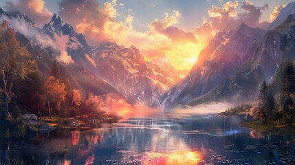 a river or lake and mountains with a sunset or sunrise in the background