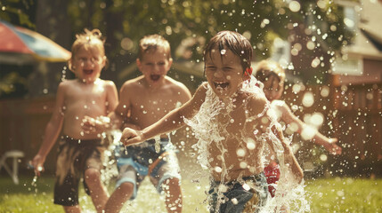 A group of children joyfully playing in a sprinkle pool on a sunny day, splashing water and laughing
